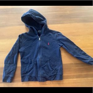 Cute Navy blue Polo jacket with hoodie boy or girl Size 7.